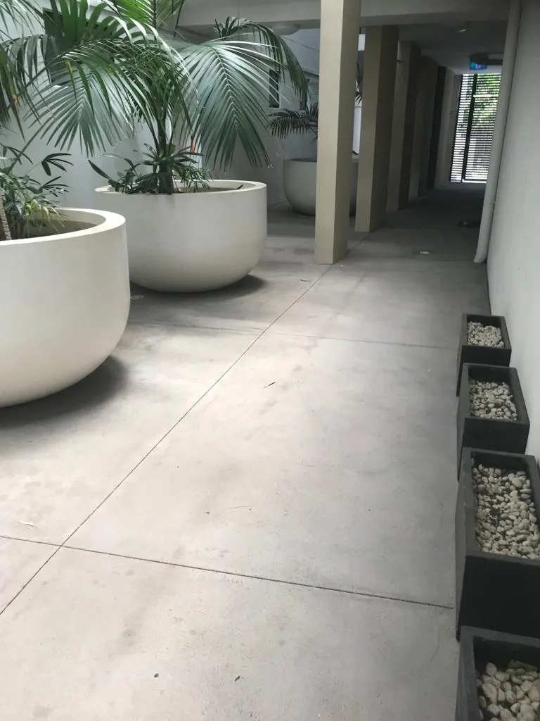 Concrete courtyard path with planters