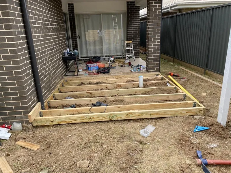Timber deck frame set out on the ground